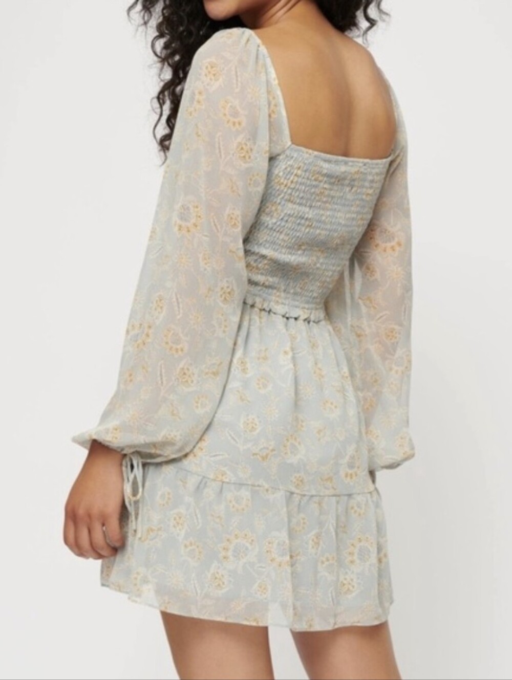 Dynamite Dusty Blue Floral Smocked Top with Cream Accents